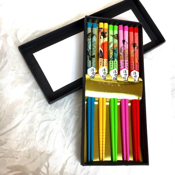 Chopsticks 5 Pair Japanese Geisha Colorful NWT NIB - Picture 1 of 9